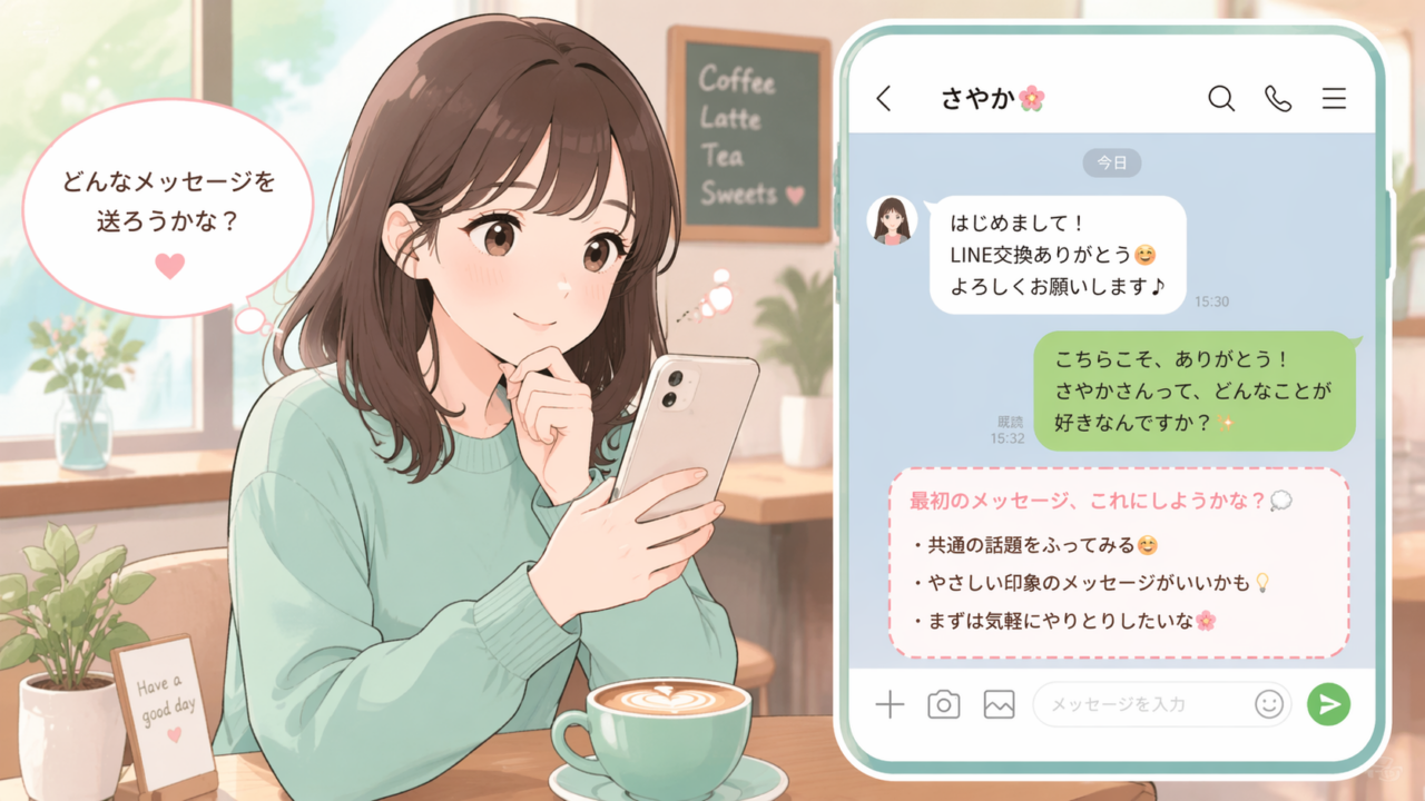 LINE交換後にスマホで最初のメッセージを考えている様子のイラスト