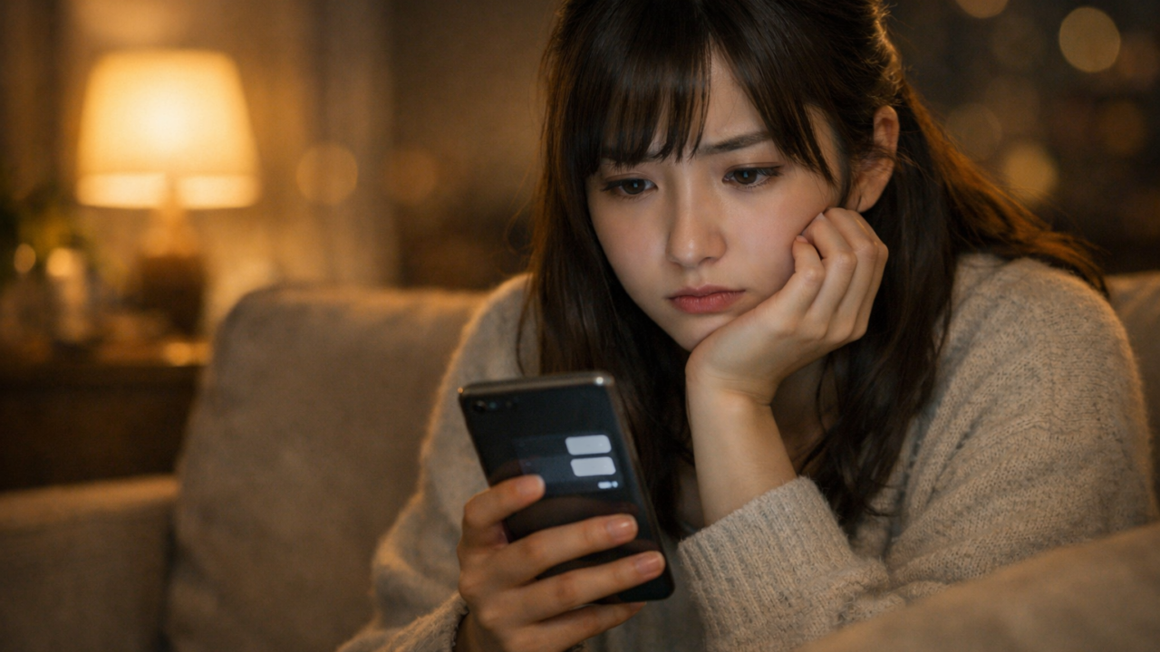 既読無視されたスマホの画面を見つめながら、ソファでひとり不安そうな表情を浮かべる女性